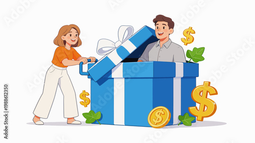Man in gift box with woman lifting lid