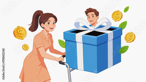 Woman pushing gift box with man inside