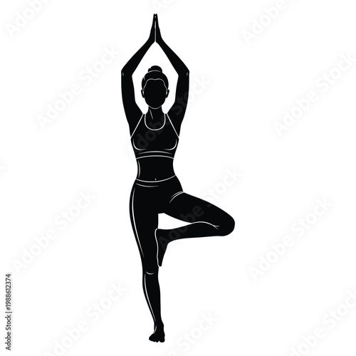 A woman in a yoga pose with her arms raised above her head