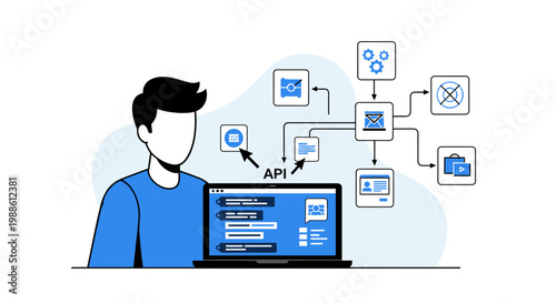A skilled developer works on a laptop connected to various API-related workflow management modules and digital service icons in a clean blue environment.