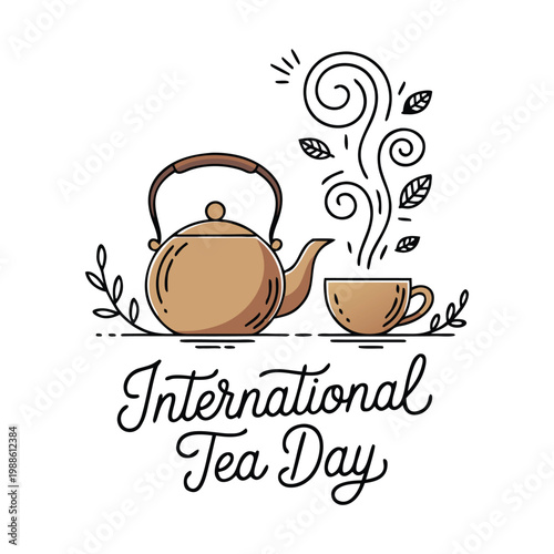 Tea day vector background with teacup and kettle. One line drawing art illustration,border, banner with lettering international tea day.