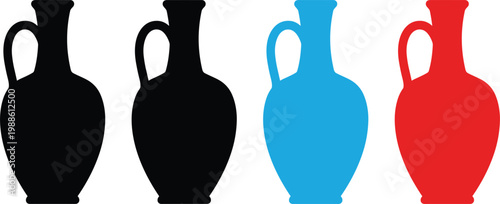 Collection of ancient amphorae silhouettes in black blue and red on white background