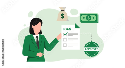 A professional businesswoman in a green suit points to an approved loan application document with a green stamp and money bag in a bright office setting.