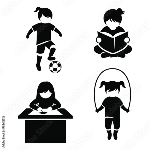 A set of black silhouettes depicting children engaging in various activities such as playing soccer, reading, studying, and jumping rope.