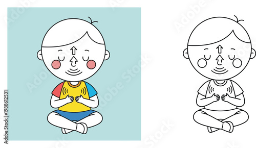 Kawaii Boy Practicing Deep Breathing and Mindfulness Exercise Coloring Page Set, Cute Kid Meditating Illustration for Mental Health and Education, Vector Line Art for Children Books