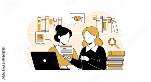 Two professional women collaborate on an academic project using a laptop surrounded by large stacks of books in a bright study area with warm beige accents.