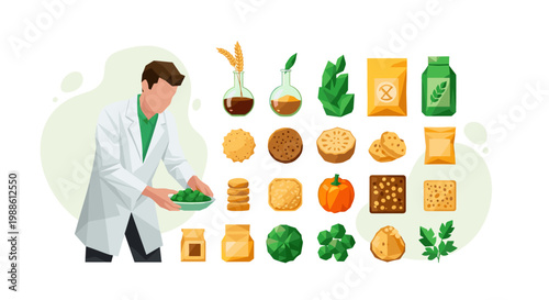 A scientist in a pristine white lab coat examines a bowl of fresh green produce amidst an array of botanical and food product icons in a bright laboratory.