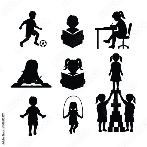 A group of children engaging in various activities such as playing soccer, reading, and building blocks.