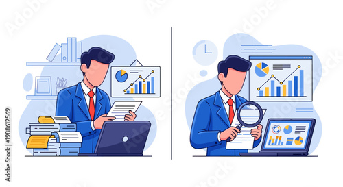 A businessman in a tailored suit meticulously reviews complex financial documents and charts while sitting at a desk piled with paperwork in a blue office.