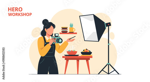 A professional photographer uses a camera and a large softbox light to capture a bowl of steaming food on a table in a bright workshop with warm lighting.