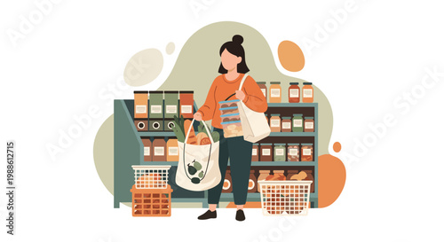 A woman carries a reusable bag filled with healthy groceries while standing in an aisle of a store with shelves of jars in a warm and inviting setting.