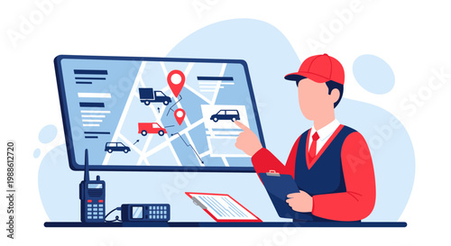 A professional logistics dispatcher in a red cap points at a digital map on a large screen showing delivery truck routes and locations in an office.