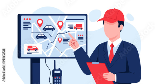 A professional logistics manager in a suit and red cap points to a screen displaying vehicle tracking routes and delivery information in a bright office.