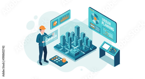 An urban planner in a hard hat interacts with a holographic city model and data charts in a futuristic workspace with a clean and modern aesthetic style.