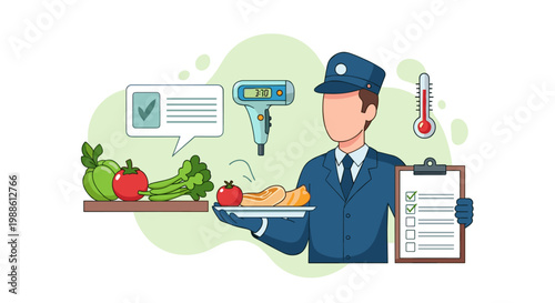 A meticulous food safety inspector verifies fresh produce quality using a digital thermometer while holding a detailed checklist in a bright green space.