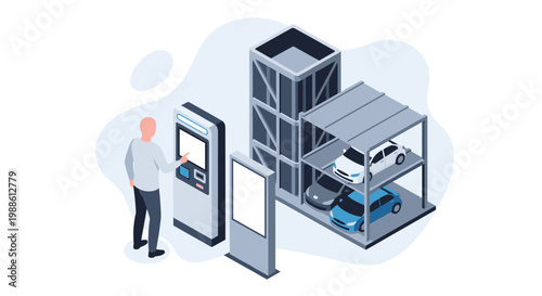 A solitary individual operates a sleek digital parking payment kiosk beside a compact multi-story automated vehicle storage facility in soft blue tones.