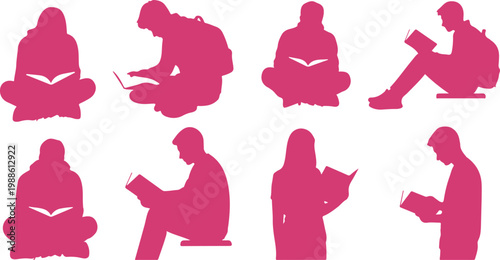 Set of eight people silhouettes reading books in various relaxed sitting and standing poses isolated on transparent background
