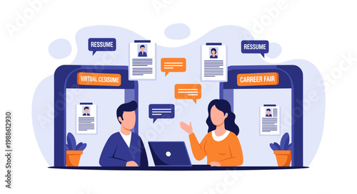 A professional man and woman engage in a productive virtual career fair discussion using a laptop surrounded by digital resume icons in a modern office.
