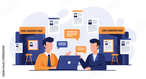 Two professional men in business attire discuss job opportunities at a career fair while using a laptop surrounded by floating digital resumes and charts.