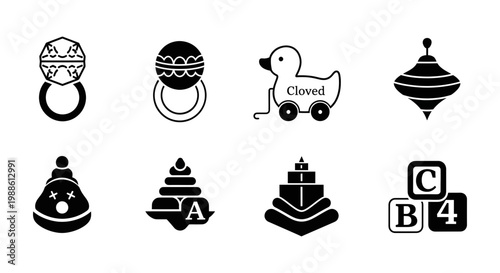 Collection of eight baby shower icons in black and white, including baby blocks, cake, and toys.