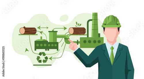 A professional engineer in a hard hat explains a sustainable wood recycling and industrial manufacturing process diagram in a clean, bright green workspace.