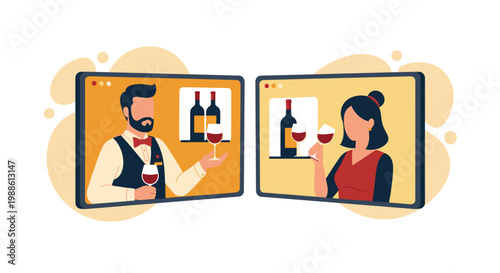 A bearded man and a dark haired woman participate in a virtual wine tasting session on separate tablet screens against a warm and inviting background.