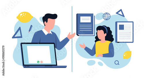 A male educator and a young female student engage in a remote learning session separated by a vertical line with digital tools in a clean blue setting.