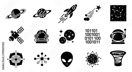 Collection of space icons including planets, rockets, and alien themes in black and white.