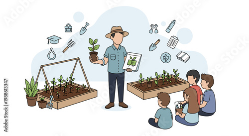 An instructor wearing a brown hat shows a small plant to a group of attentive students sitting near wooden garden beds in an educational outdoor setting.