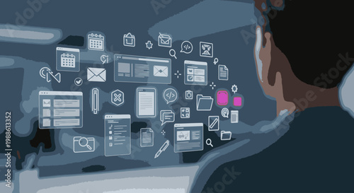 A man sits at a desk analyzing data on a large computer screen with various graphs and charts in a minimalistic workspace.