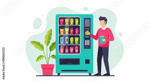 A man wearing a vibrant red sweater selects a fresh pear from a modern turquoise vending machine standing next to a lush green potted plant in an office.