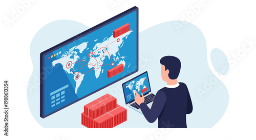 A focused logistics manager uses a portable laptop to track global shipping containers on a massive world map display in a clean isometric office environment.