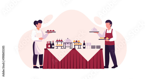 Two professional catering staff members in clean aprons stand by a buffet table laden with gourmet desserts and wine bottles in a soft elegant setting.
