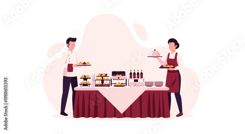 Professional catering staff members in white chef uniforms and aprons prepare a banquet buffet table with various snacks and silver food warmers today.