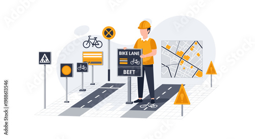A focused construction worker in a yellow hard hat installs a bike lane sign on a grid floor surrounded by various traffic signals and a city map layout.