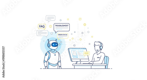 A man sits at a desk analyzing data on a large computer screen with various graphs and charts in a minimalistic workspace.