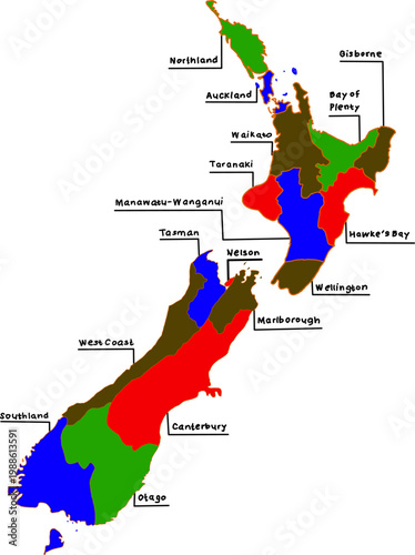 Color-coded map of New Zealand showing regions and labeled locations, highlighting geographic divisions with bright contrasting colors for education use.
