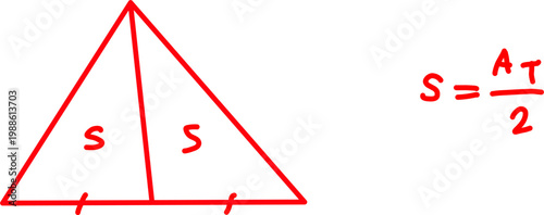 Simple geometric diagram of a triangle divided into two equal areas, illustrating area calculation with base and height, ideal for math education use.