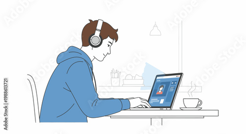 A man sits at a desk analyzing data on a large computer screen with various graphs and charts in a minimalistic workspace.