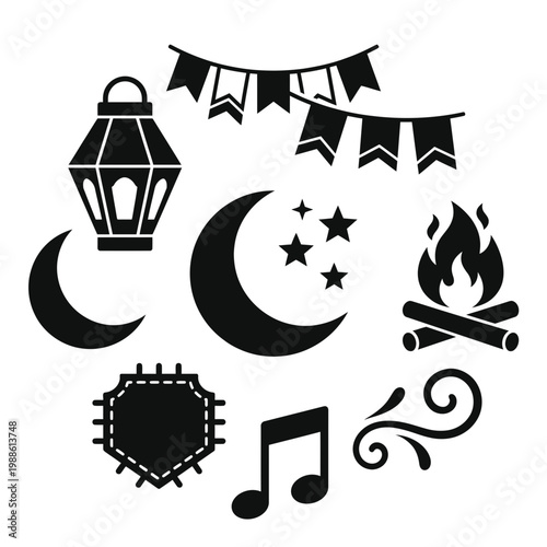 Sao Joao festival icons with church lantern boots and bonfire