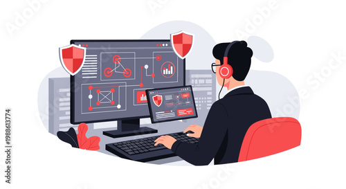 A diligent cybersecurity analyst monitors complex network security protocols on a large computer screen while seated at a modern desk with vibrant red accents.