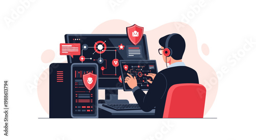 An expert IT technician manages critical server infrastructure using a portable touch tablet while working in a secure technical environment with red highlights.