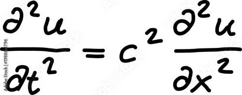 Black mathematical wave equation with second derivatives, clean physics formula isolated on white background, representing motion and dynamics concept
