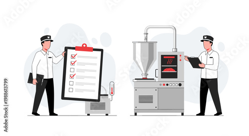 Two meticulous factory inspectors in crisp uniforms perform rigorous quality control checks on industrial machinery using a large clipboard in a clean facility.