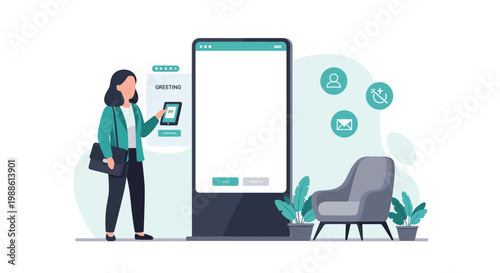 A woman stands beside a large interactive kiosk screen while holding a tablet in a modern office waiting area with a comfortable armchair and green plants.