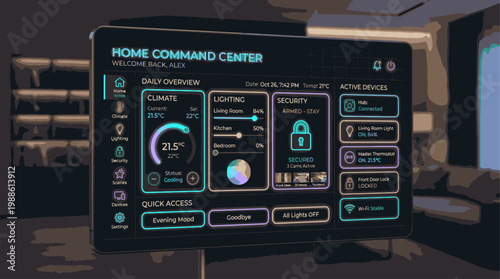 A large smart home control panel display with various settings and controls in a modern living room with dark ambiance.