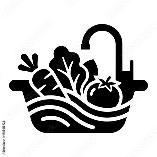 Fresh Vegetables and Fruits Being Washed in Sink with Running Water in a Kitchen Setting