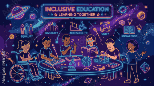 Illustration of diverse children and teacher sitting around a table with educational icons and graphics on a starry night background with inclusive education banner.