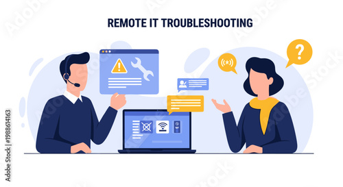 A professional man with a headset and a woman discuss remote IT troubleshooting while looking at a laptop screen in a bright corporate office environment.