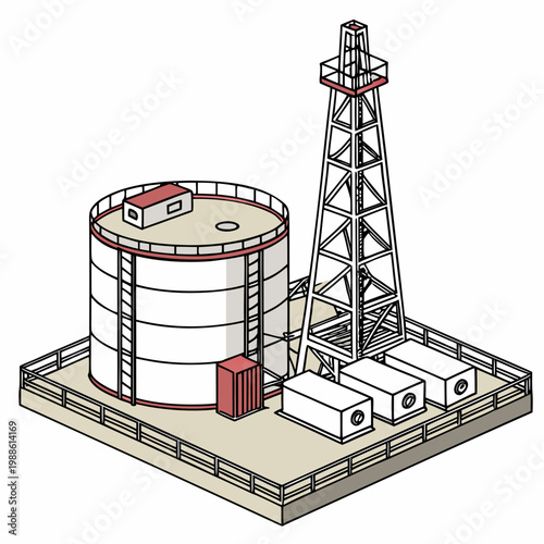 An illustrative depiction showcases an oil refinery complex featuring a central storage tank and a connected drilling derrick high quality professional detailed